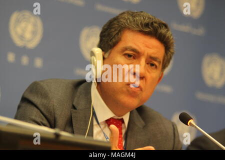 New York, USA. 2nd April, 2018. Peru's Ambassador Gustavo Meza-Cuadra, President of UN Security Council for April, briefed Press.  Photo: Matthew Russell Lee / Inner City Press Credit: Matthew Russell Lee/Alamy Live News Stock Photo