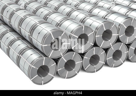 Set of stainless steel coils. Rolls of steel sheet, 3D rendering isolated on white background Stock Photo