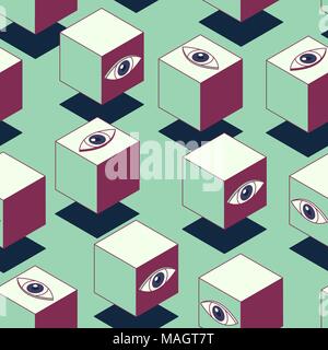 Abstract cubes with eyes. Seamless pattern. Clipping mask used. Stock Vector