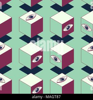 Abstract cubes with eyes. Seamless pattern. Clipping mask used. Stock Vector