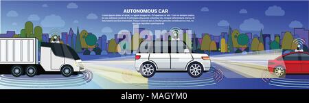 Autonomous Cars And Truck On Night Road Template Horizontal Banner Background Stock Vector
