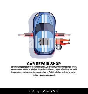 Car Repair Shop Service With Maintenance Worker Fixing Auto Over Background Witn Copy Space Stock Vector