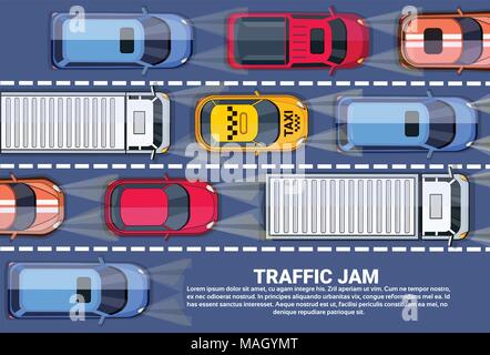 Traffic Jam On Road Top View With Highway Full Of Different Cars Stock Vector