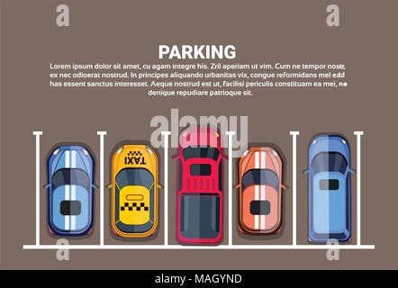 Top View Of City Parking Lots With Set Of Different Cars, Park Zone Banner Stock Vector