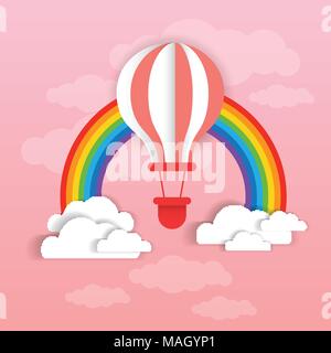 Colofrul Air Balloon Over Pink Sky, Clouds And Rinbow Background Stock Vector