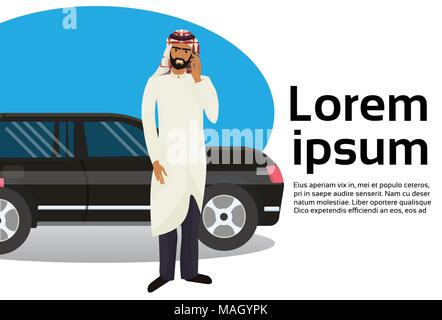 Rich Arab Business Man Talking On Smart Phone Over Luxury Car On Copy Space Background Stock Vector