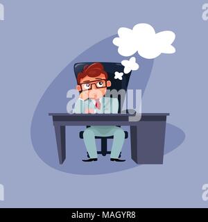 Cartoon Business Man In Elegant Suit Sitting At Office Desk Thinking Stock Vector