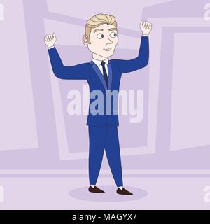 Cartoon Business Man In Elegant Suit Holding Raised Hands Over Abstract Background Stock Vector