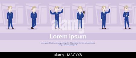 Set Of Cartoon Business Man In Elegant Suit In Different Poses Over Abstract Background With Copy Space Stock Vector