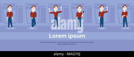 Set Of Cartoon Man In Casual Clothes In Different Poses Over Abstract Blue Background With Copy Space Stock Vector