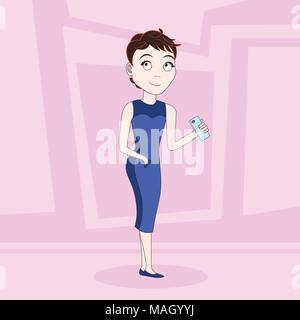 Cartoon Woman In Elegant Dress Holding Cell Smart Phone Over Abstract Pink Background Stock Vector