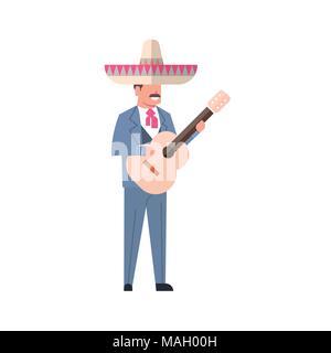 Mexican Music Man With Guitar Wear Traditional Costume And Sombrero Hat Isolated On White Background Stock Vector