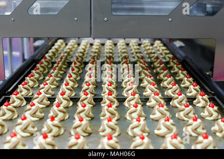 Twin colour jam drops cookies on a production line. Selective focus. Stock Photo