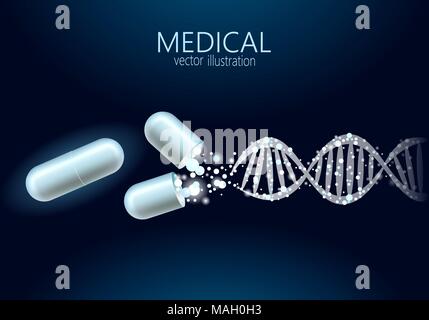 Science gene therapy molecular structure medical genome treatment background. Educational logo medicine center healthcare. Blue DNA sequence light 3d flat vector illustration Stock Vector