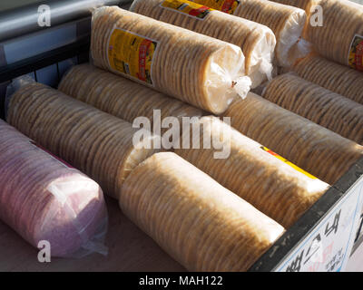 Gimhae, South Korea - March 25, 2018 : Snacks of popped rice on the shelf for sale supermarket shelf at Jinyeong Service Area Stock Photo