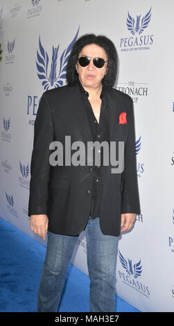 HALLANDALE, FL - JANUARY 28:  Gene Simmons attends The Inaugural $12 Million Pegasus World Cup Invitational, The World's Richest Thoroughbred Horse Race At Gulfstream Park at Gulfstream Park on January 28, 2017 in Hallandale, Florida   People:  Gene Simmons Stock Photo