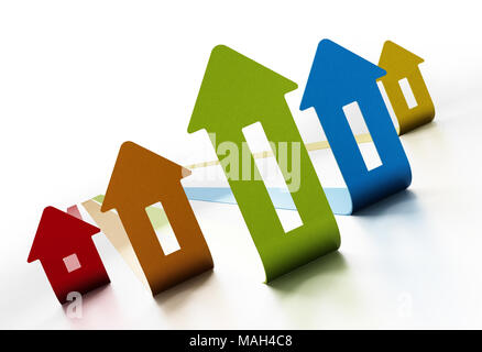 Rising house prices chart on white background. 3D illustration. Stock Photo