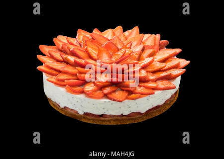 cake with cream and strawberries on a black background Stock Photo