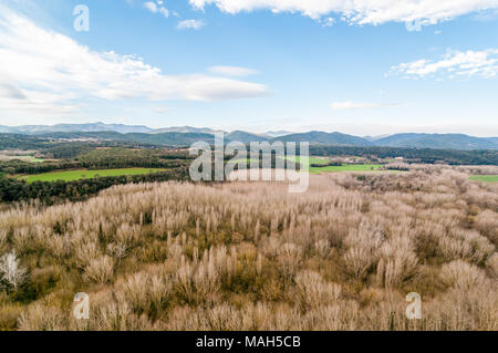 aerial view of Riparian forest next to the Fluvia river, Garrotxa, Catalonia, Spain Stock Photo