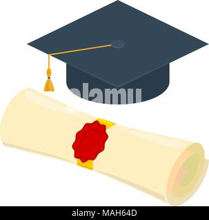 Colorful cartoon diploma scroll graduation hat set. Graduation theme vector illustration for gift card certificate banner sticker, badge, sign, stamp, Stock Vector