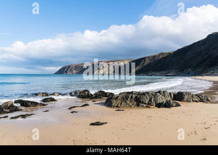 This is Kinnagoe Bay in County Donegal in Ireland. It has white sandy beaches with turquoise water. Stock Photo