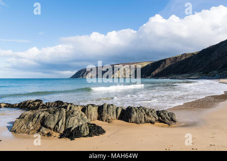 This is Kinnagoe Bay in County Donegal in Ireland. It has white sandy beaches with turquoise water. Stock Photo