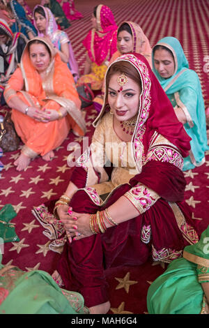 Posed portrait of a beautiful wedding guest seated in the temple at a wedding at the Gurdwara Sikh Cultural Society in Richmond Hill, Queens, NYC. Stock Photo