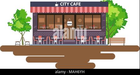 Central cafe building exterior with summer terrace, tables, chairs and trees. Vector flat illustration Stock Vector