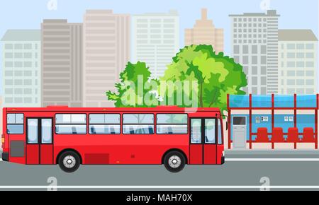 Empty Bus Stop and Bus with City Skyline Flat Design Style. Stock Vector