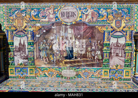 Tiled Alcoves of Spanish Provinces Along the Walls of Plaza de Espana in Seville, Spain. Burgos Region Close Up Painted Ceramic Ornament Representing  Stock Photo