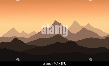panoramic view of the mountain landscape with fog in the valley below with the alpenglow orange sky and rising sun - vector Stock Vector