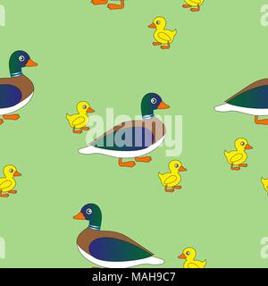 Cartoon duck mom with her ducklings. Vector seamless illustration for kids. Stock Vector