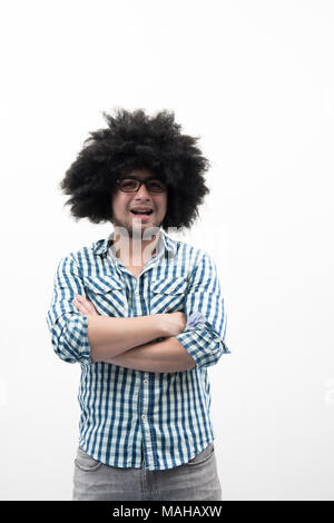 Man with funny curly hair isolated on white background. Stock Photo