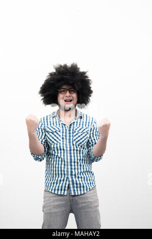 Man with funny curly hair isolated on white background. Stock Photo