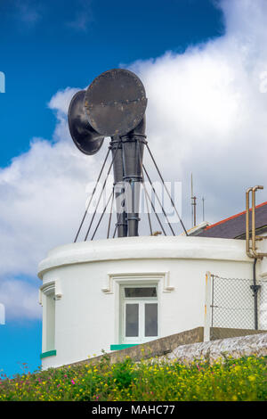 Detail of Lizard Lighthouse, showing the fog horns which warn ships in bad visibility of  the rocky Lizard Point penisular Stock Photo