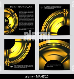 Industrial Booklet template with golden metallic disk on black background. Vector illustration. Stock Vector