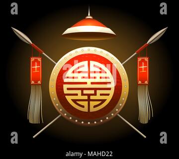 Medieval Asian Warrior Shield and Spears with flags. Chinese hieroglyph that means warrior. Vector illustration. Stock Vector