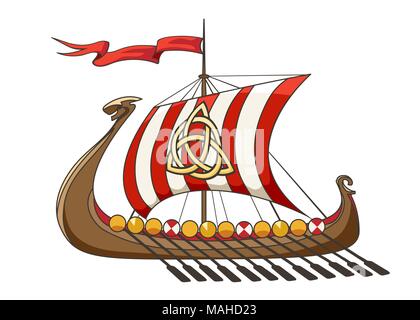 Drakkar medieval Viking Battle Ship in cartoon style. Vector Illustration. Stock Vector