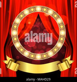 Stage with red curtain, golden ribbon and bulb lamps. Vector illustration. Stock Vector