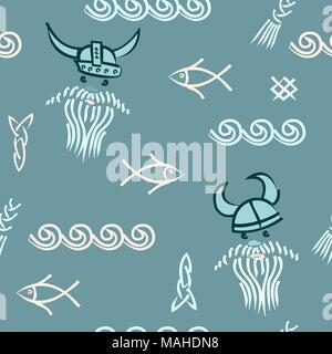 Cute hand drawn seamless pattern in retro scandinavian viking kids style ornamemt, cool baby print. Stock Vector