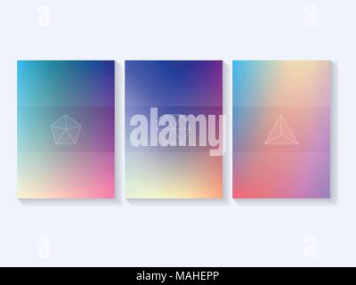 Bright gradient background Three trendy design templates with different geometric shapes on multicolor gradient background Vector mockup for posters, Stock Vector