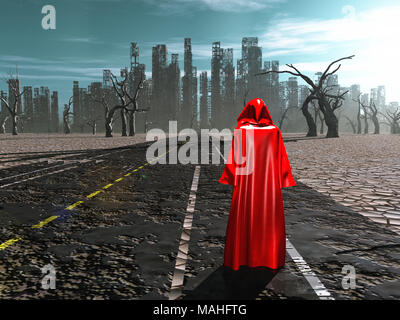 Figure in red cloak stands on a road to destroyed city. Stock Photo