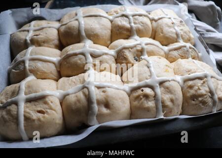 Home Made Hot Cross Buns About to go in the Oven Stock Photo