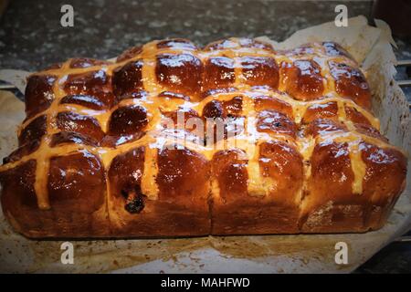 Highly Glazed Home Made Maple Hot Cross Buns Stock Photo