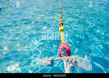 Light and shade pattern in a swimming pool with turquoise clean water. Stock Photo