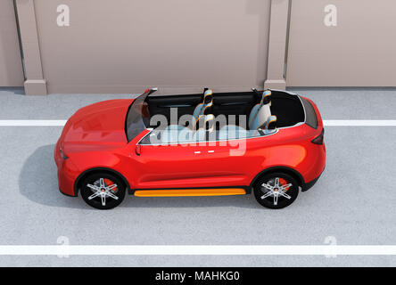 Side view of cutaway red self-driving Electric SUV car parking on road side. 3D rendering image. Stock Photo