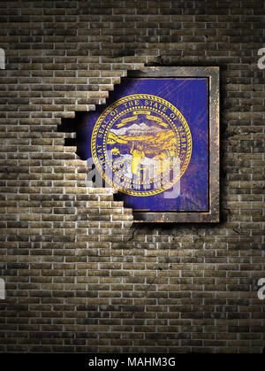 3d rendering of a Nebraska State flag over a rusty metallic plate embedded on an old brick wall Stock Photo