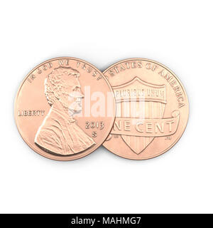 United States Lincoln Penny isolated over white. 3D illustration, clipping path