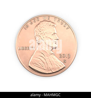 United States Lincoln Penny isolated over white. 3D illustration, clipping path
