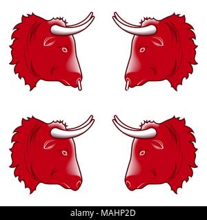 Stylized design of bull head. Vector illustration of bull head in red color, with and without a ring in the nose. Vector bull silhouette Stock Vector